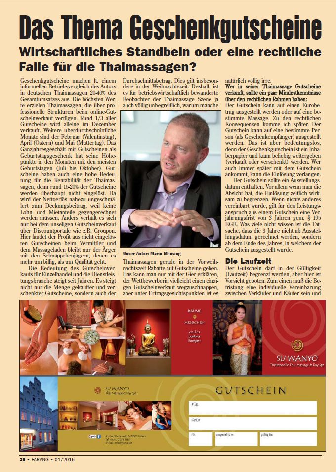 "Geschenkgutscheine" (Fachartikel FARANG)