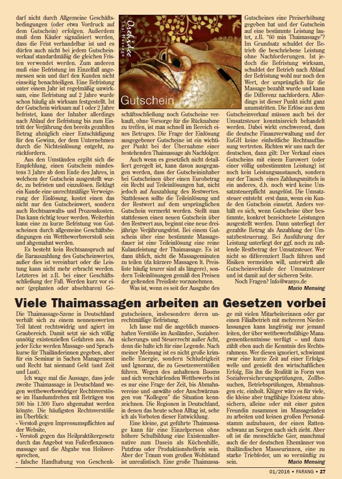 "Geschenkgutscheine" (Fachartikel FARANG) 2